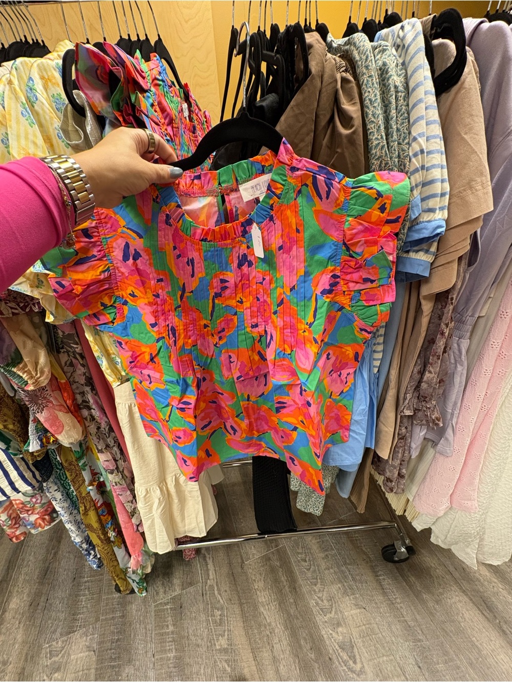 Vibrant Floral Ruffle Sleeve Top — Multicolor